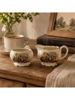 Lancaster Sandland Creamer & Sugar Bowl Set English Ware Cottage Gold Trim VTG